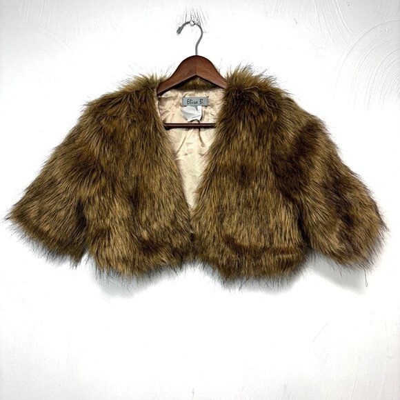 Elisa B. Faux Fur Cropped Jacket Brown Open Front Satin Lined Girls Coat Size 12 - Picture 1 of 5